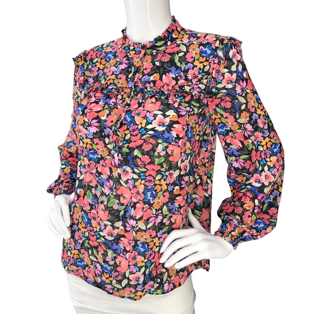 Shoshanna Blouse Womens XS Floral Ruffle Collar Long Sleeve Button Front Black